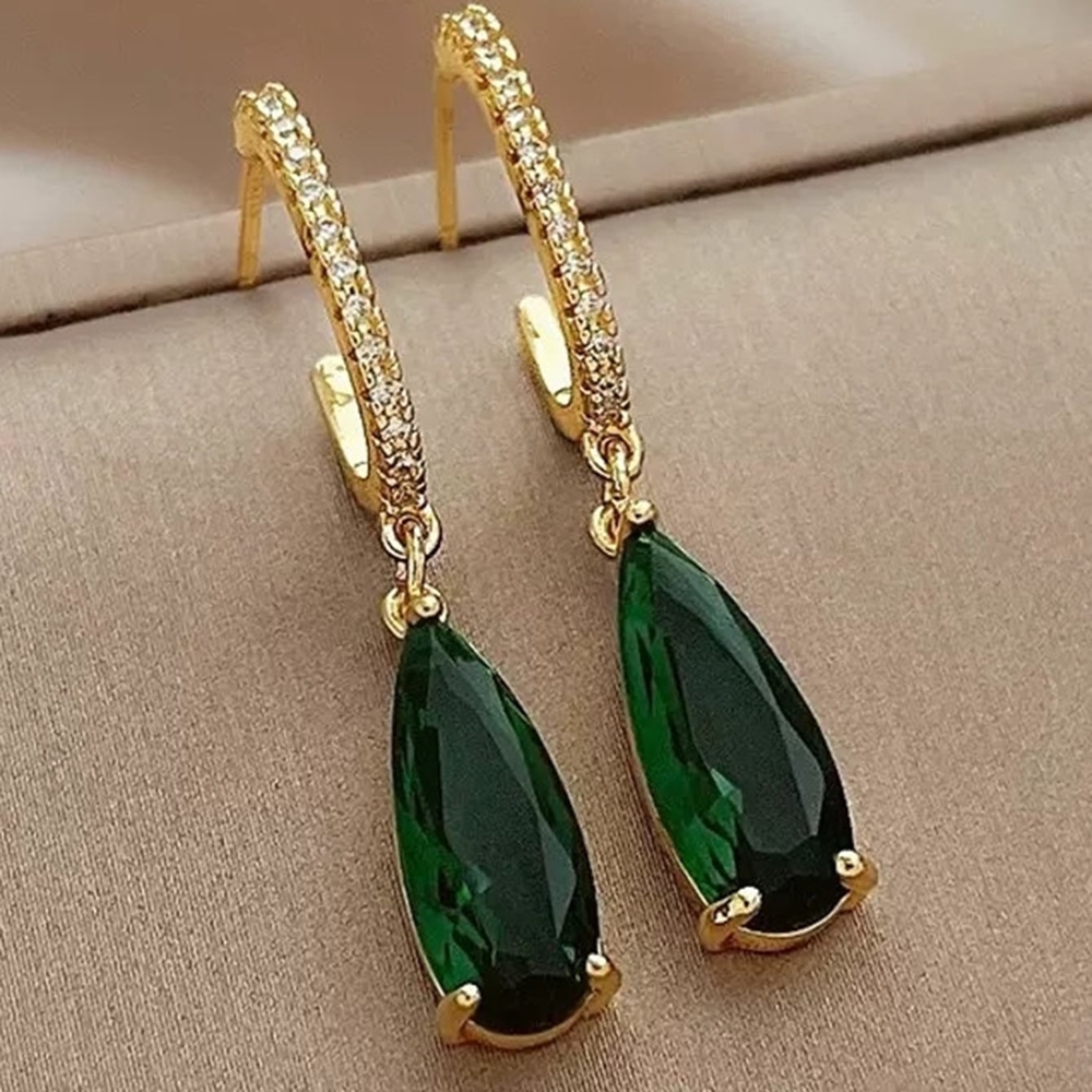 New Green Gold Plated Luxurious Cubic Zirconia Drop Earrings